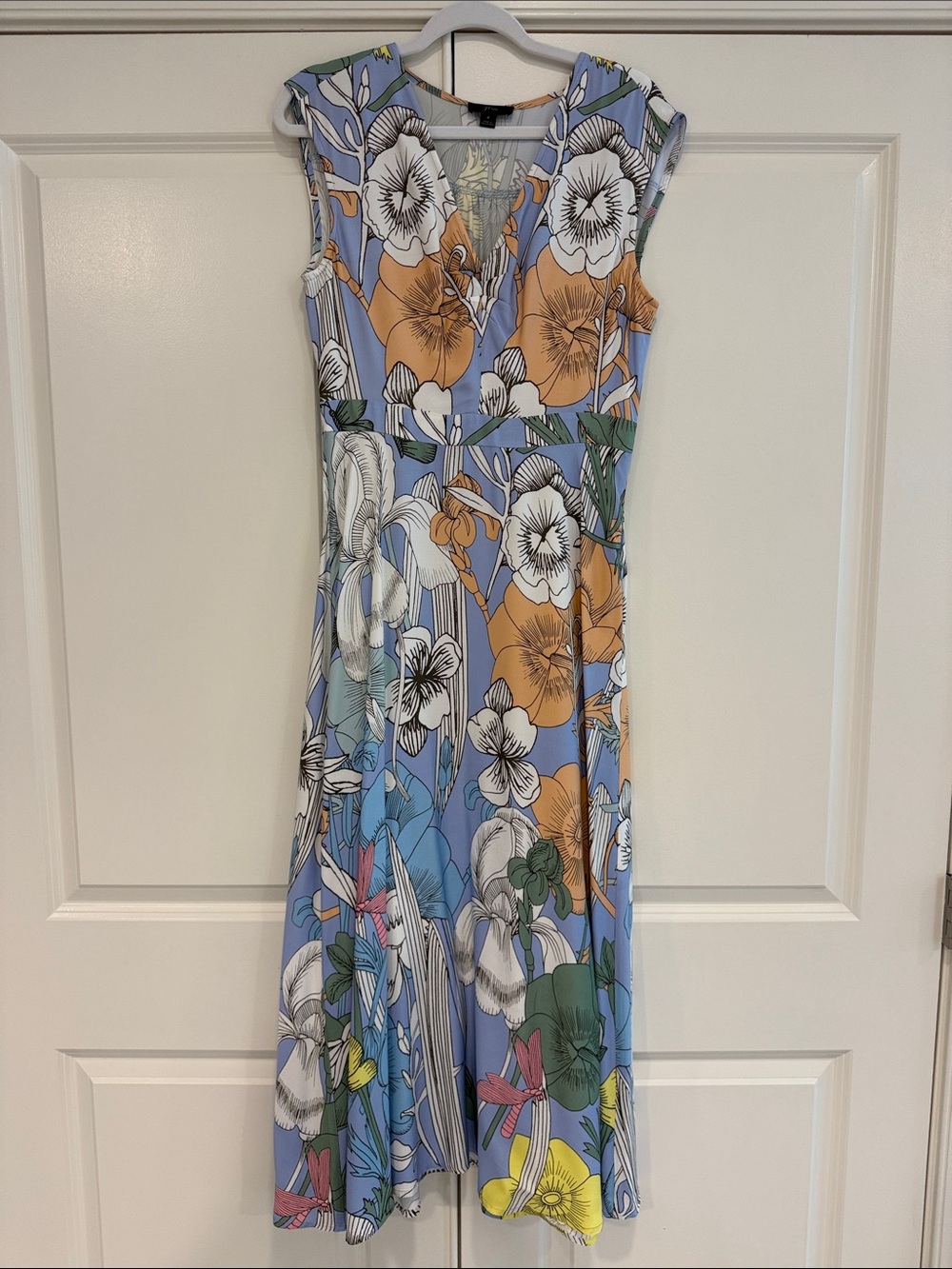 J. Crew Blue Floral V-Neck Midi Dress with Multicolor Blooms